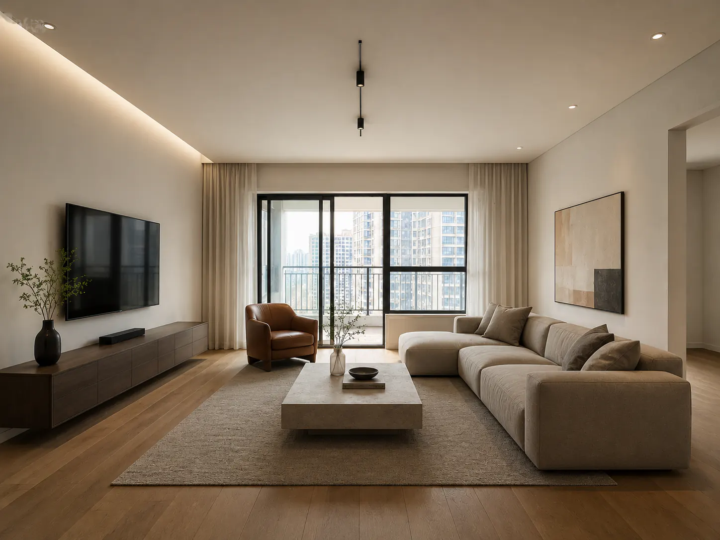 Refined Contemporary living room with balcony access, taupe seating, medium oak flooring, stone table, and tailored neutral finishes.