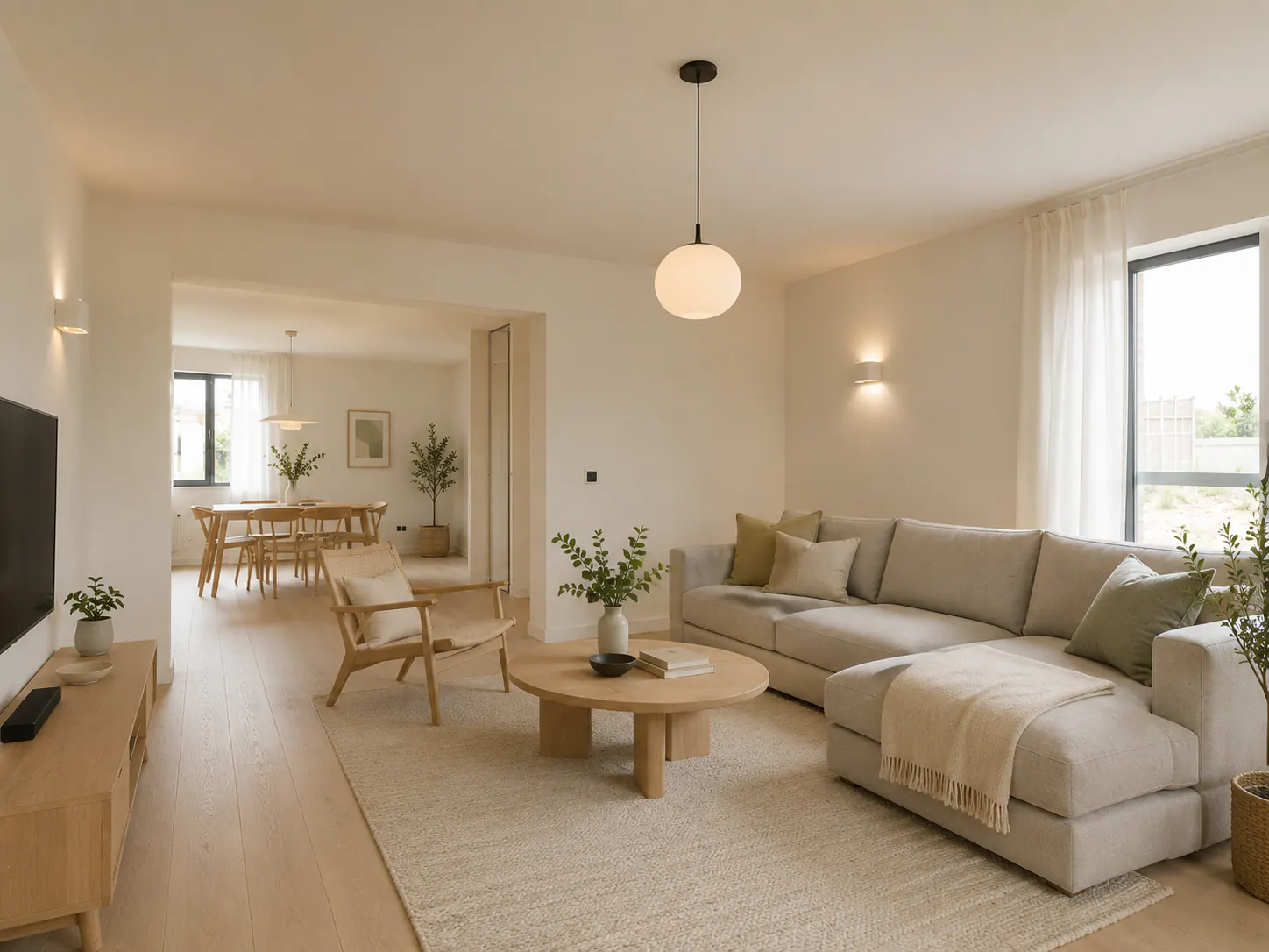 Bright Scandinavian open-plan living room with pale oak, light-gray seating, warm white walls, and clear circulation to the dining zone.