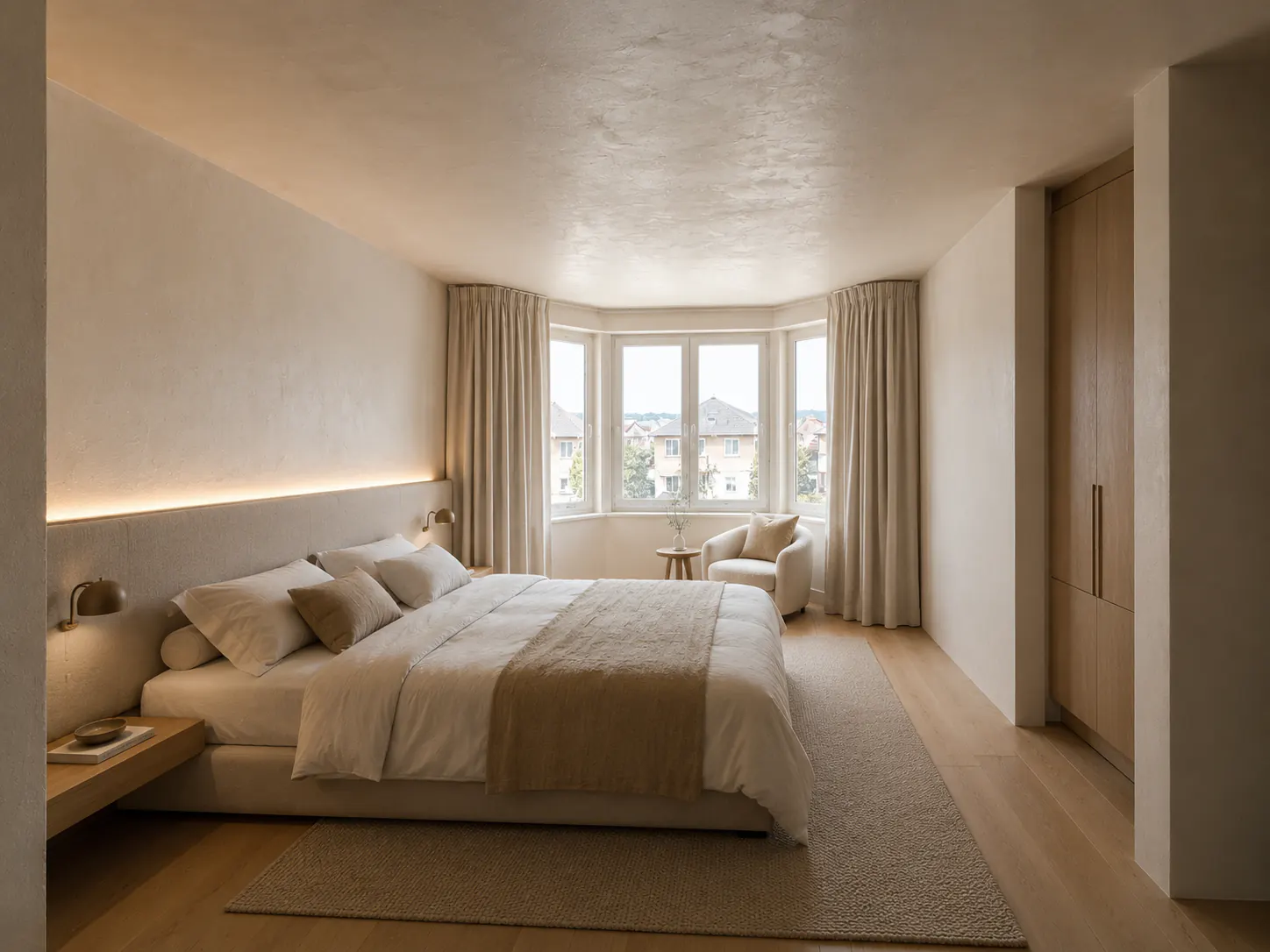 Warm Minimalist bedroom with a bay window, low upholstered bed, pale oak, ivory linen, and discreet integrated storage.