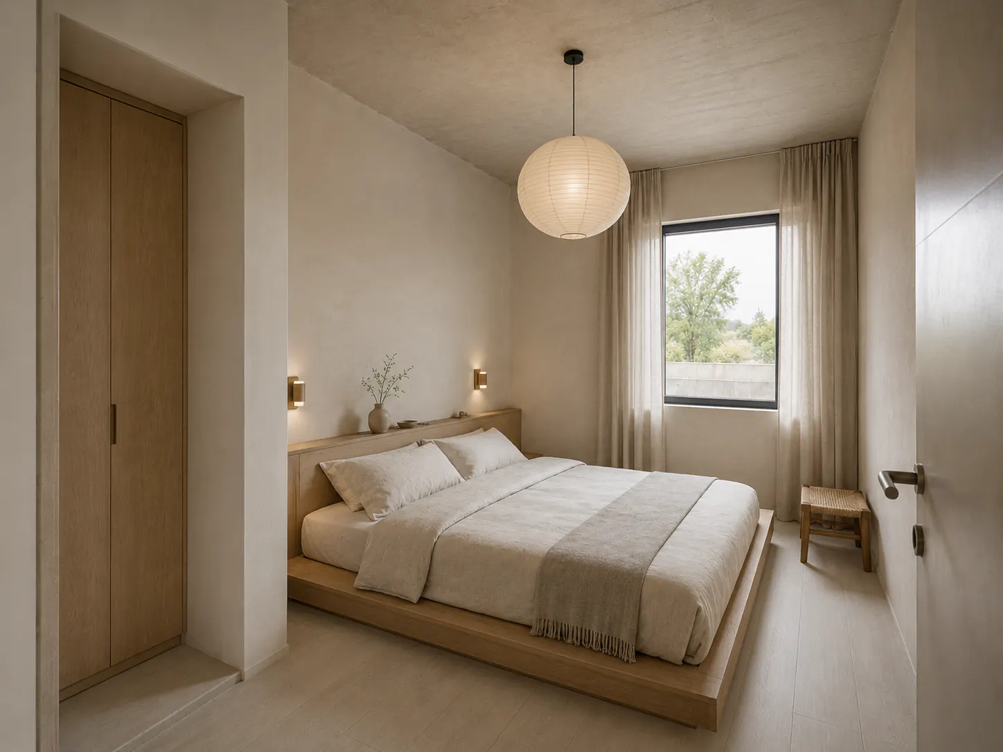 Space-efficient Japandi bedroom with a low pale-ash platform bed, flax textiles, clay-plaster walls, and concealed storage.