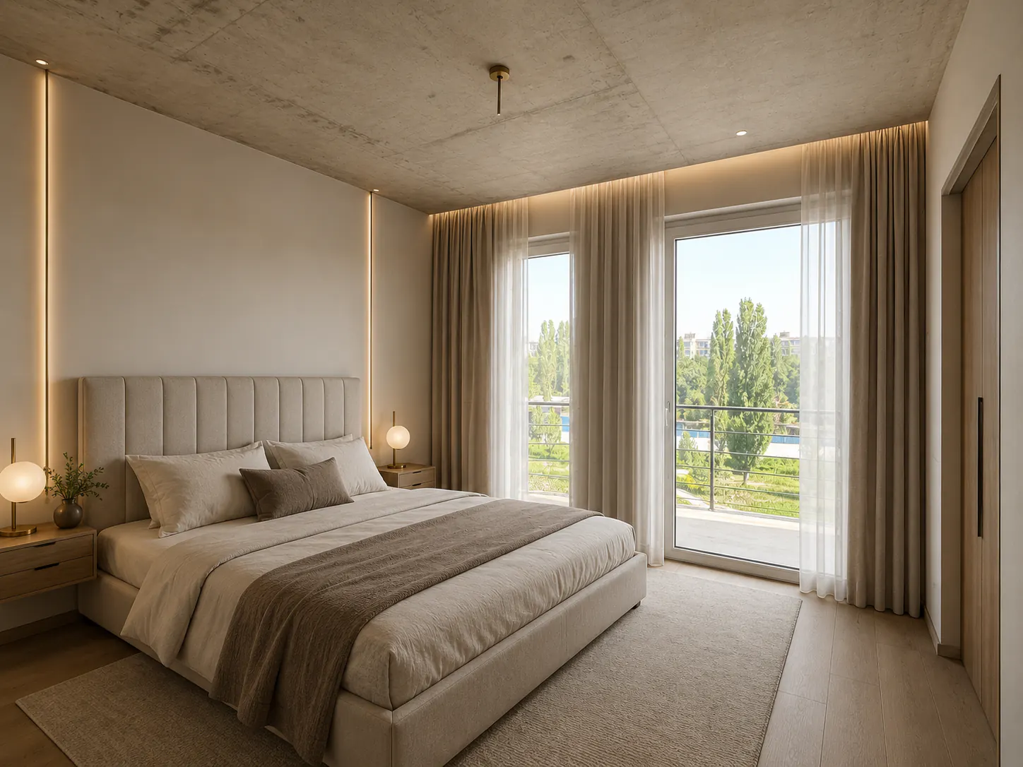 Composed Contemporary bedroom with balcony access, tailored taupe bed, smoked oak, warm neutral textiles, and restrained lighting.