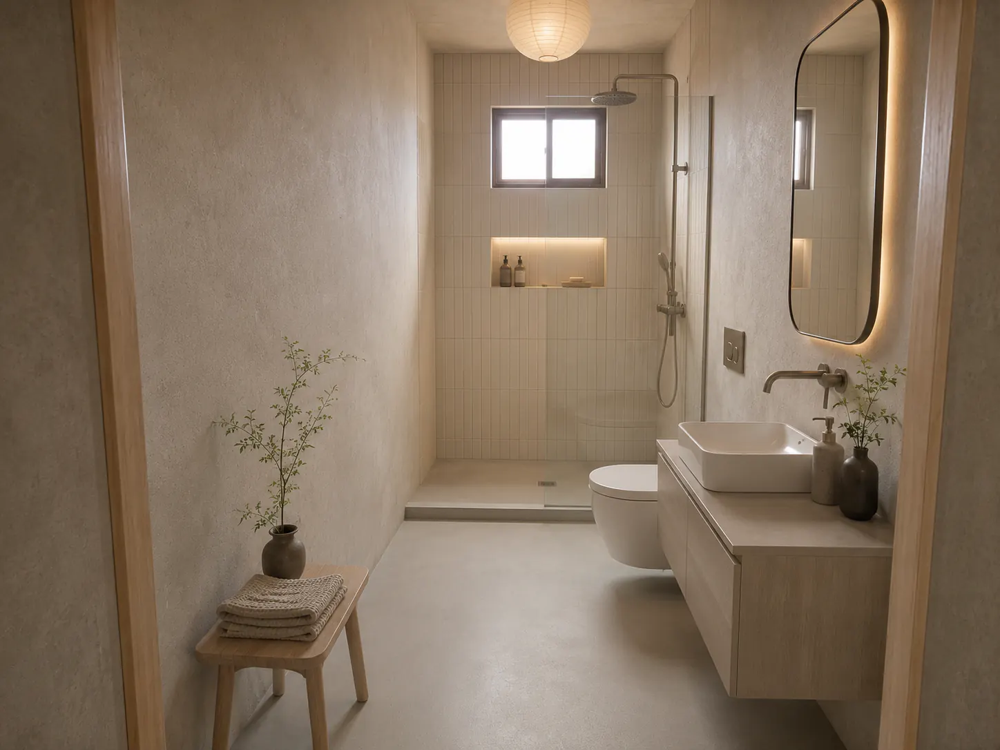 Efficient Japandi narrow bathroom with ivory tile, warm-gray floor, pale ash vanity, wall-hung fixtures, and clear shower glass.