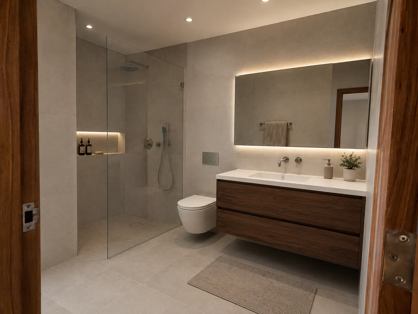 Balanced Contemporary square bathroom with warm-gray porcelain, floating walnut vanity, wall-hung toilet, and frameless corner shower.