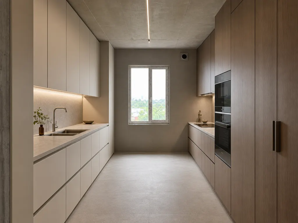 4:3 photograph of the same galley kitchen completed in a restrained Contemporary style with warm-white cabinetry, smoked oak, and pale quartzite