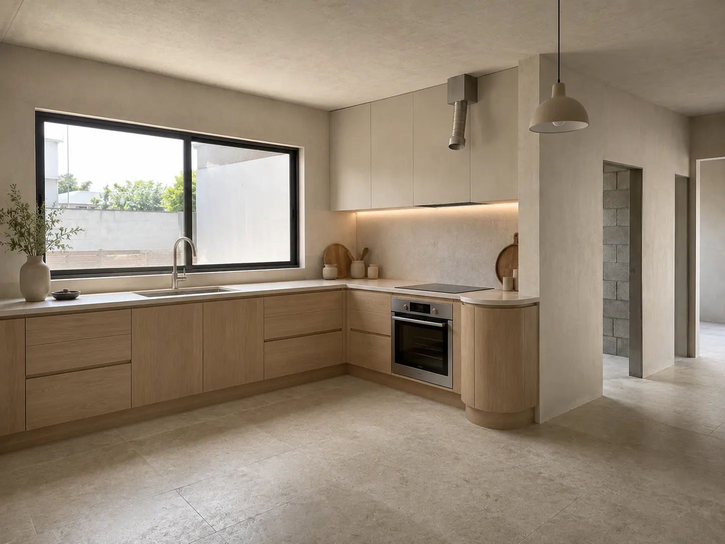 4:3 photograph of the same L-shaped kitchen finished in Modern Organic style with pale oak cabinetry, creamy limestone, and a restrained natural palette