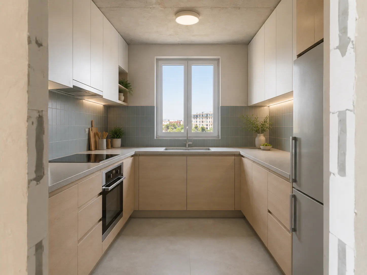 4:3 photograph of the same compact kitchen finished in Scandinavian style with pale ash cabinetry, warm-white fronts, and muted blue-gray tile