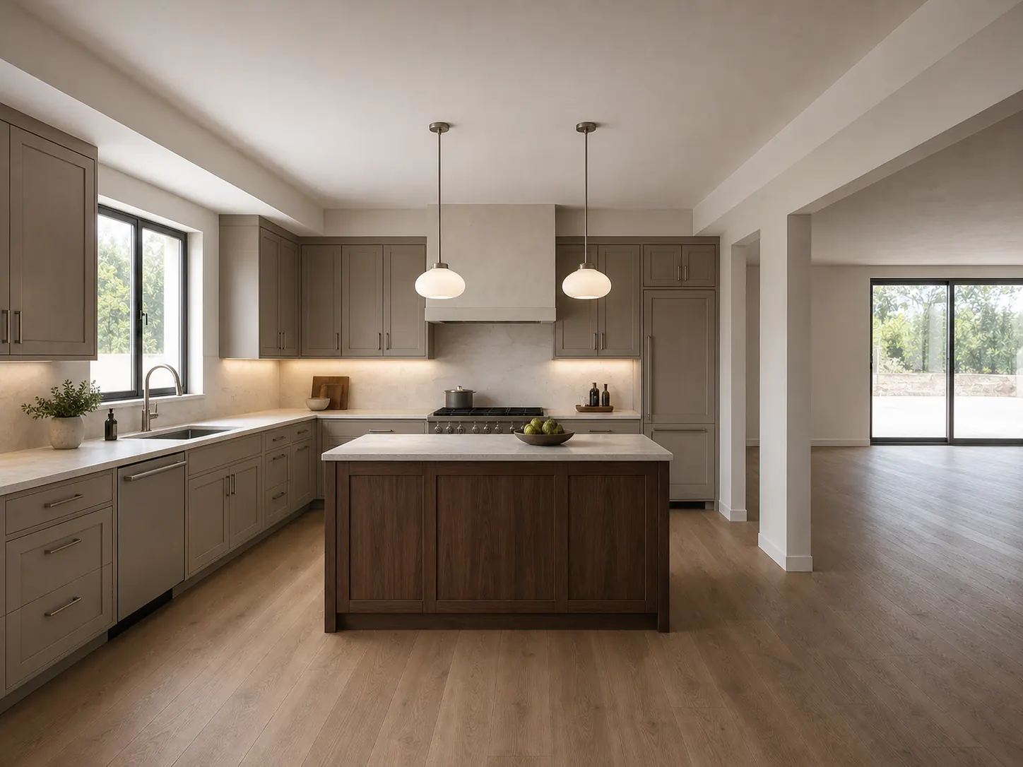 4:3 photograph of the same kitchen completed in restrained Transitional style with mushroom shaker cabinetry, a walnut island, and honed off-white stone
