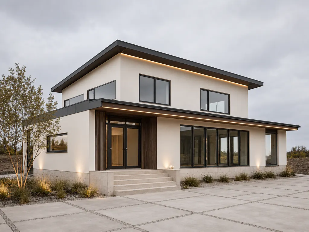 Completed warm modern two-story house with mineral render, smoked timber, and limestone
