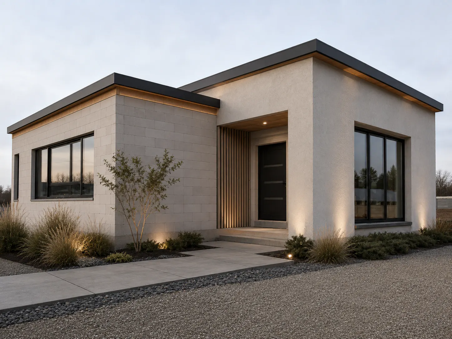 Completed contemporary flat-roof house in warm gray render, light oak, and muted bronze