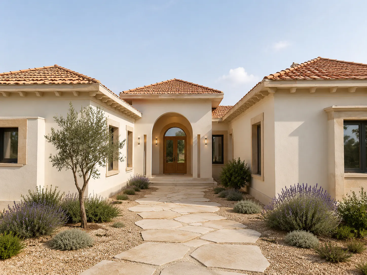 Completed contemporary Mediterranean courtyard villa with ivory lime plaster and muted terracotta roofs
