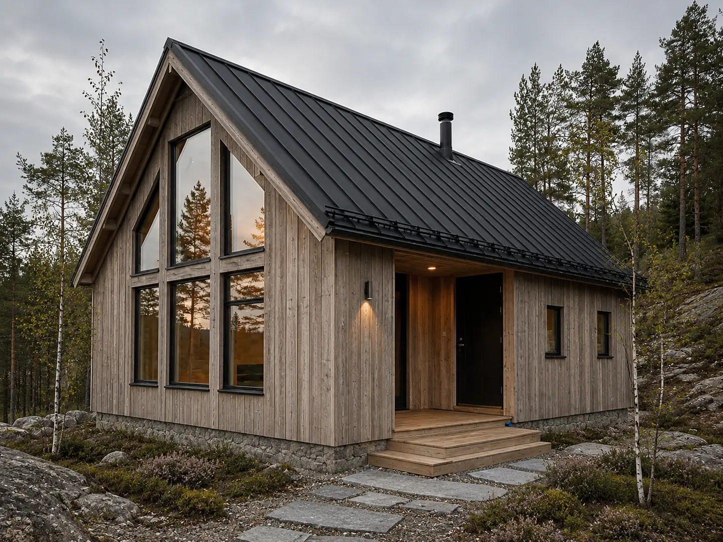 Completed Scandinavian cabin with silvered timber, near-black roofing, and granite details