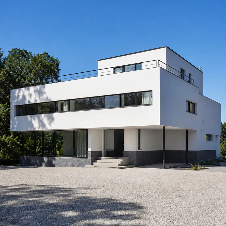 International Style house with white rectilinear volumes, ribbon windows, and a flat roof