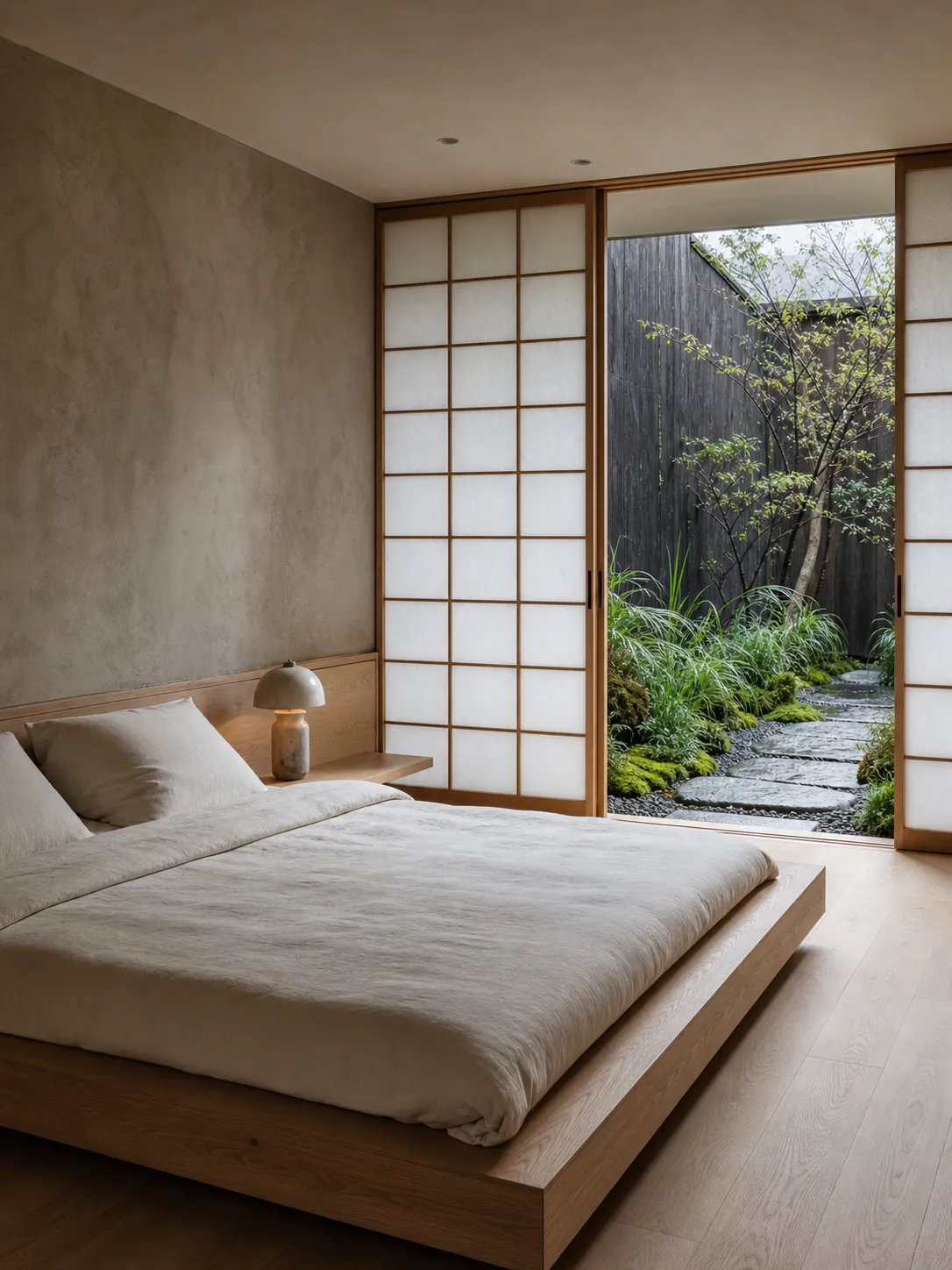 Japandi Courtyard Bedroom interior in japandi style