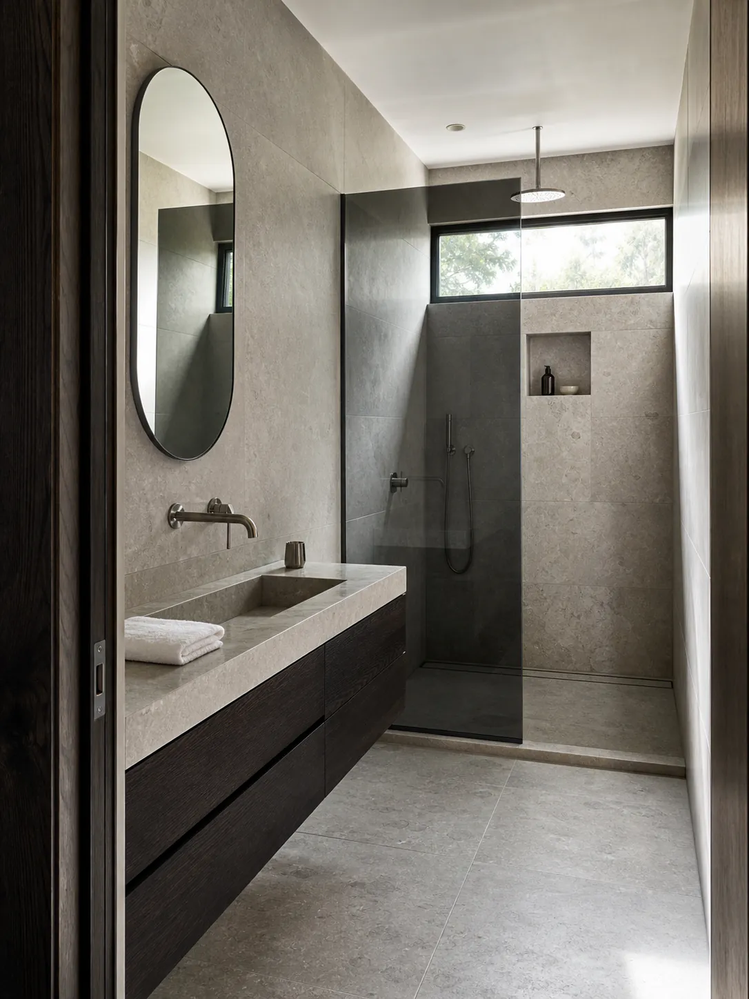 Quiet Luxury Travertine Bathroom interior in quiet luxury style