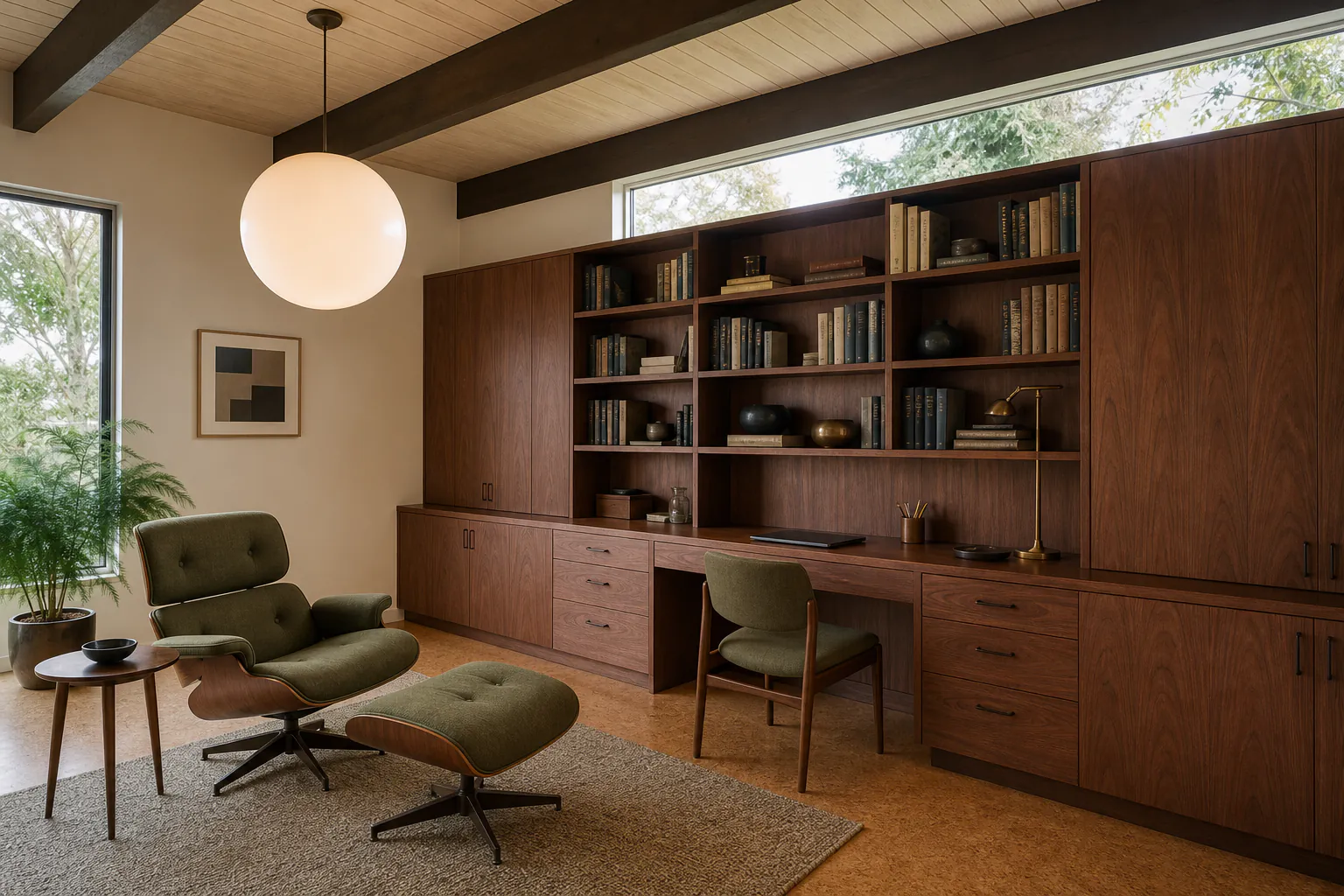 Mid-Century Library Lounge interior in mid-century modern style