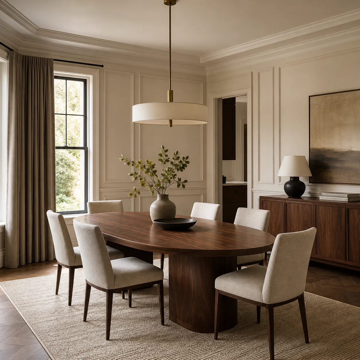 Transitional Oval Dining Room interior in transitional style