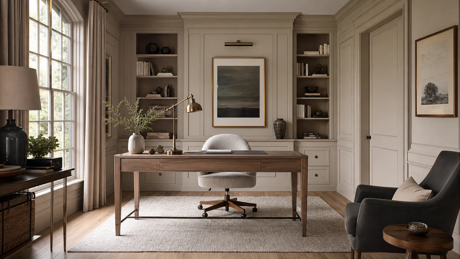 Transitional Paneled Home Office interior in transitional style