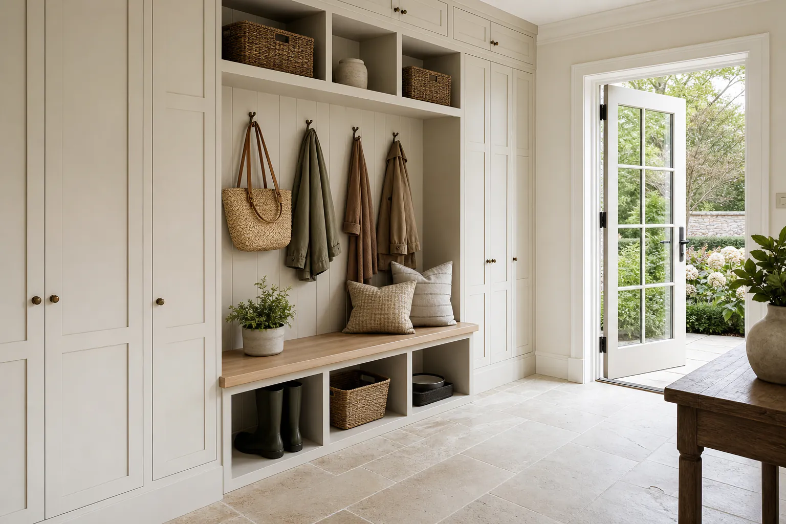 Transitional Limestone Mudroom interior in transitional style