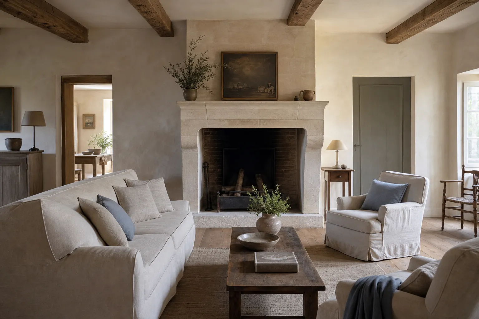 French Country Limestone Living Room interior in french country style