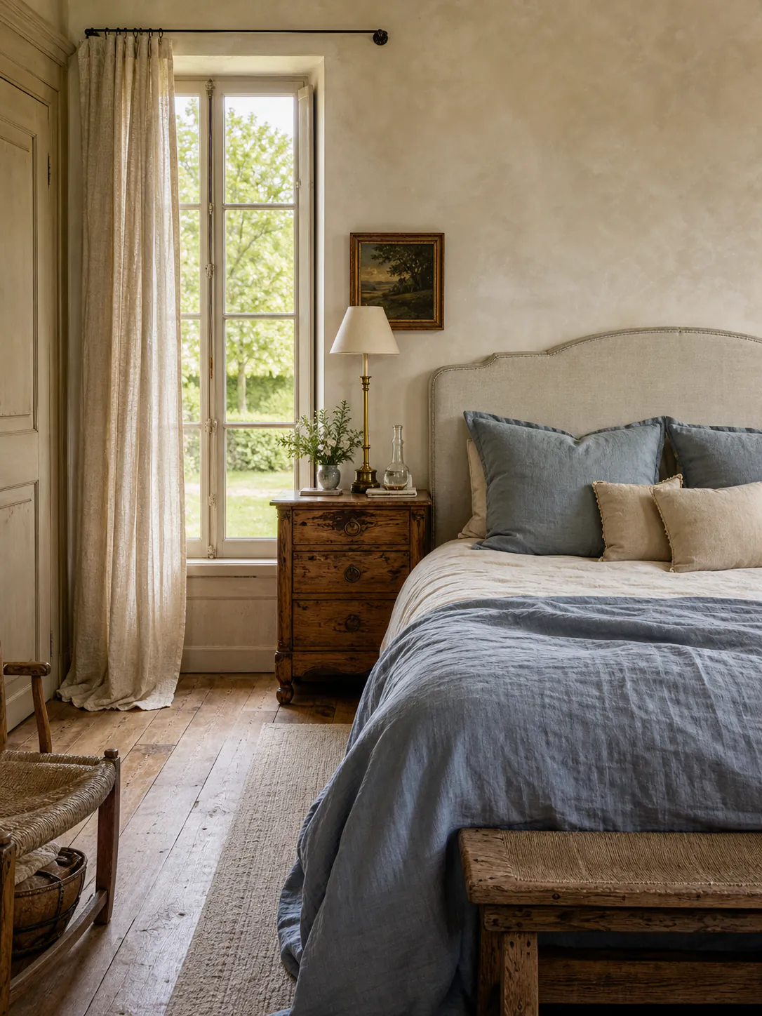 French Country Blue Linen Bedroom interior in french country style