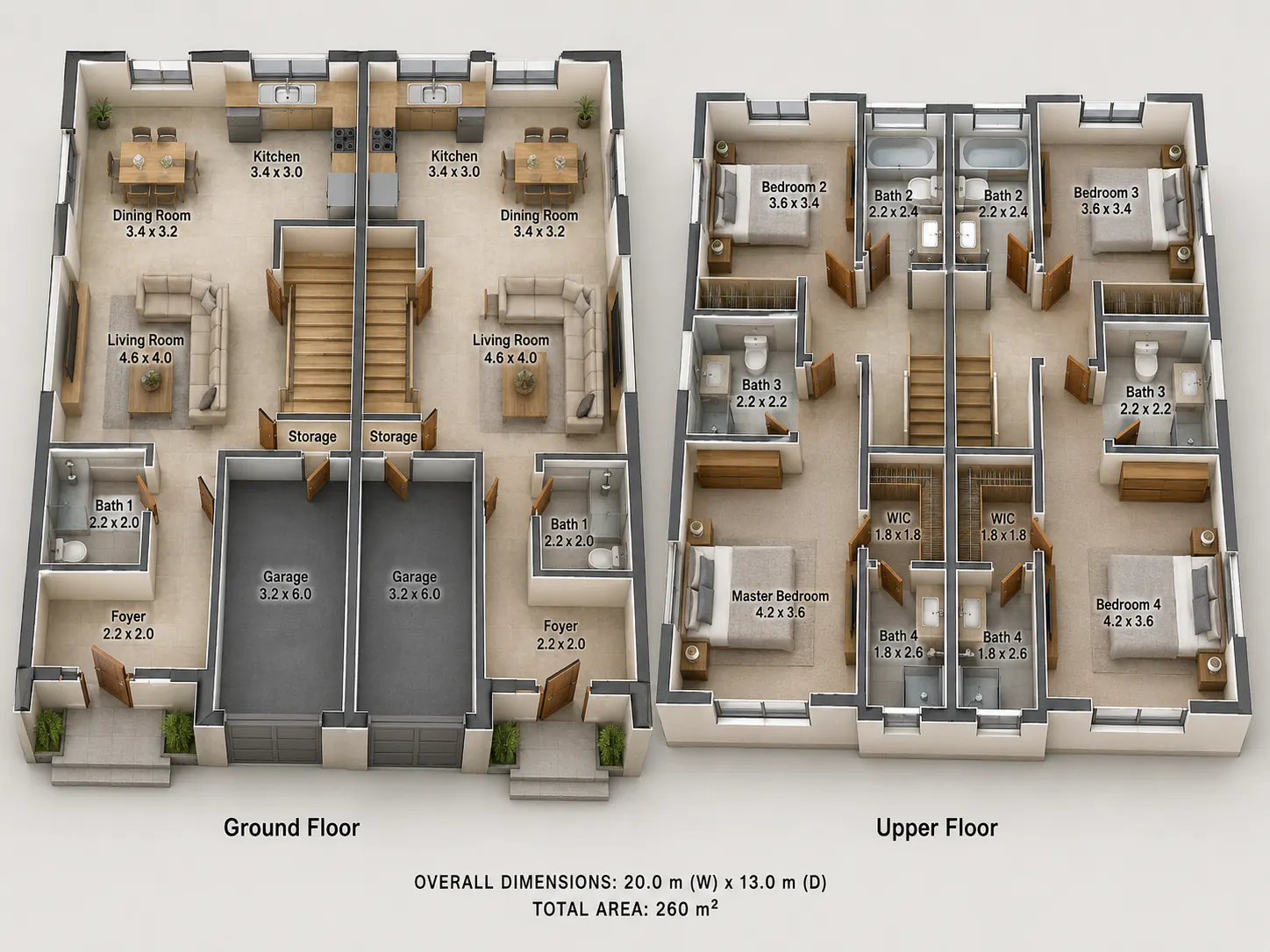 Furnished isometric floor plan presentation showing both levels of a duplex