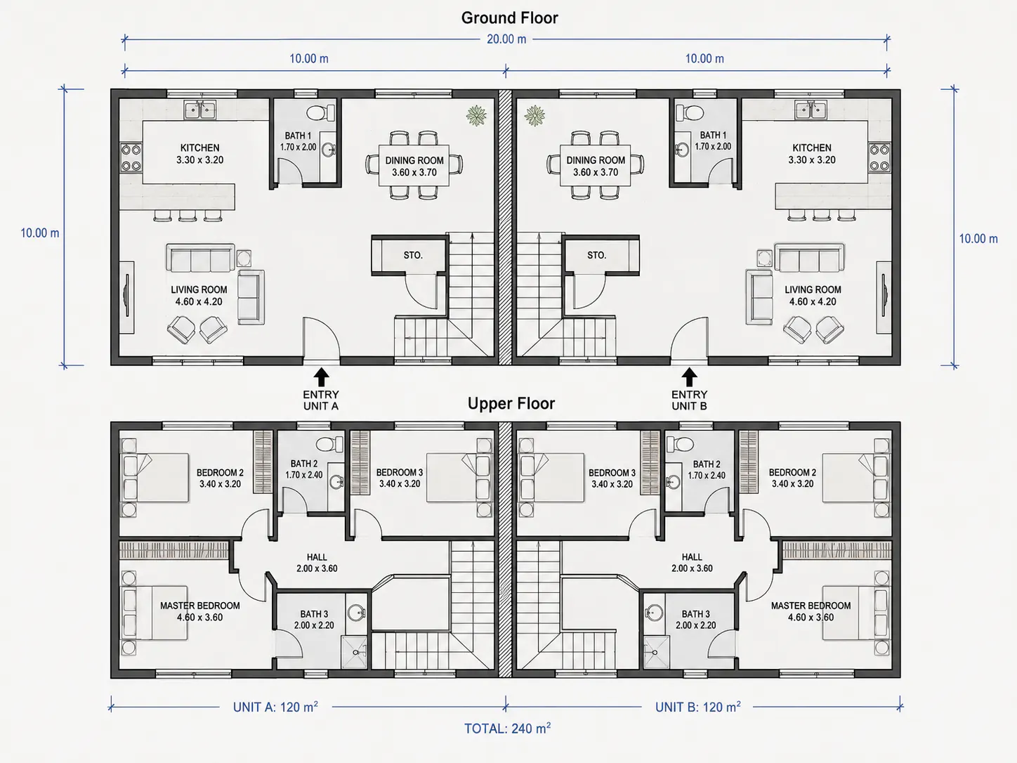 Technical floor plan presentation of a two-storey duplex with clear room dimensions
