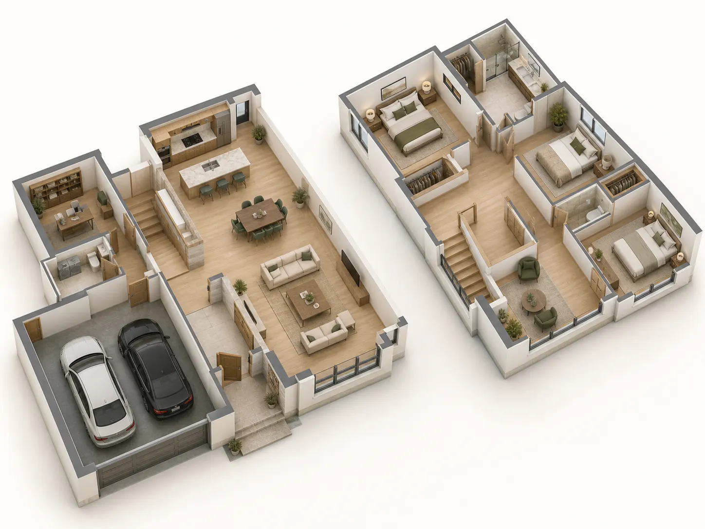 Premium furnished isometric floor plan presentation showing two levels of a modern house
