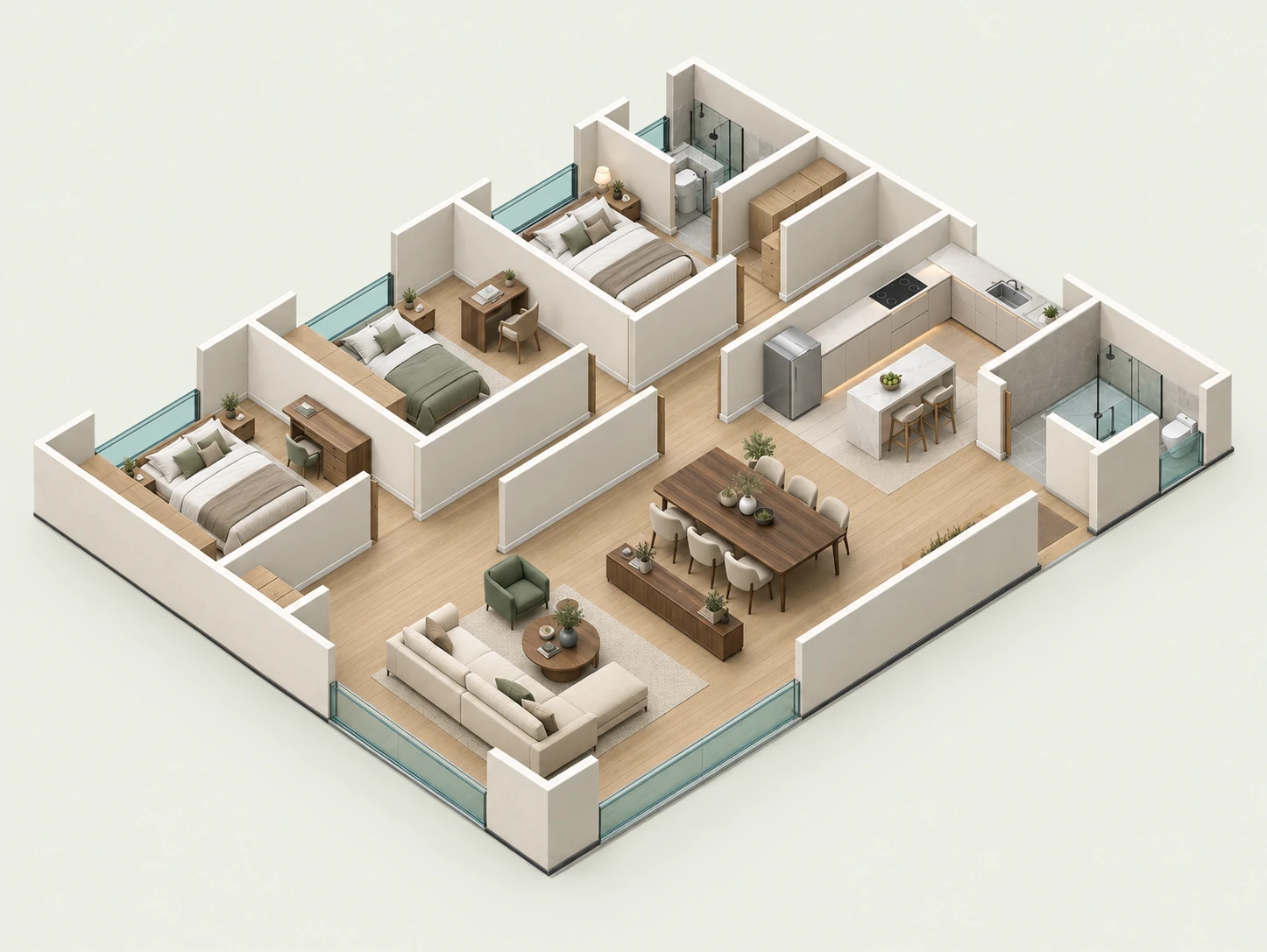Modern furnished three-bedroom apartment in 3D axonometric view, with oak floors, upholstered furniture and stone kitchen surfaces
