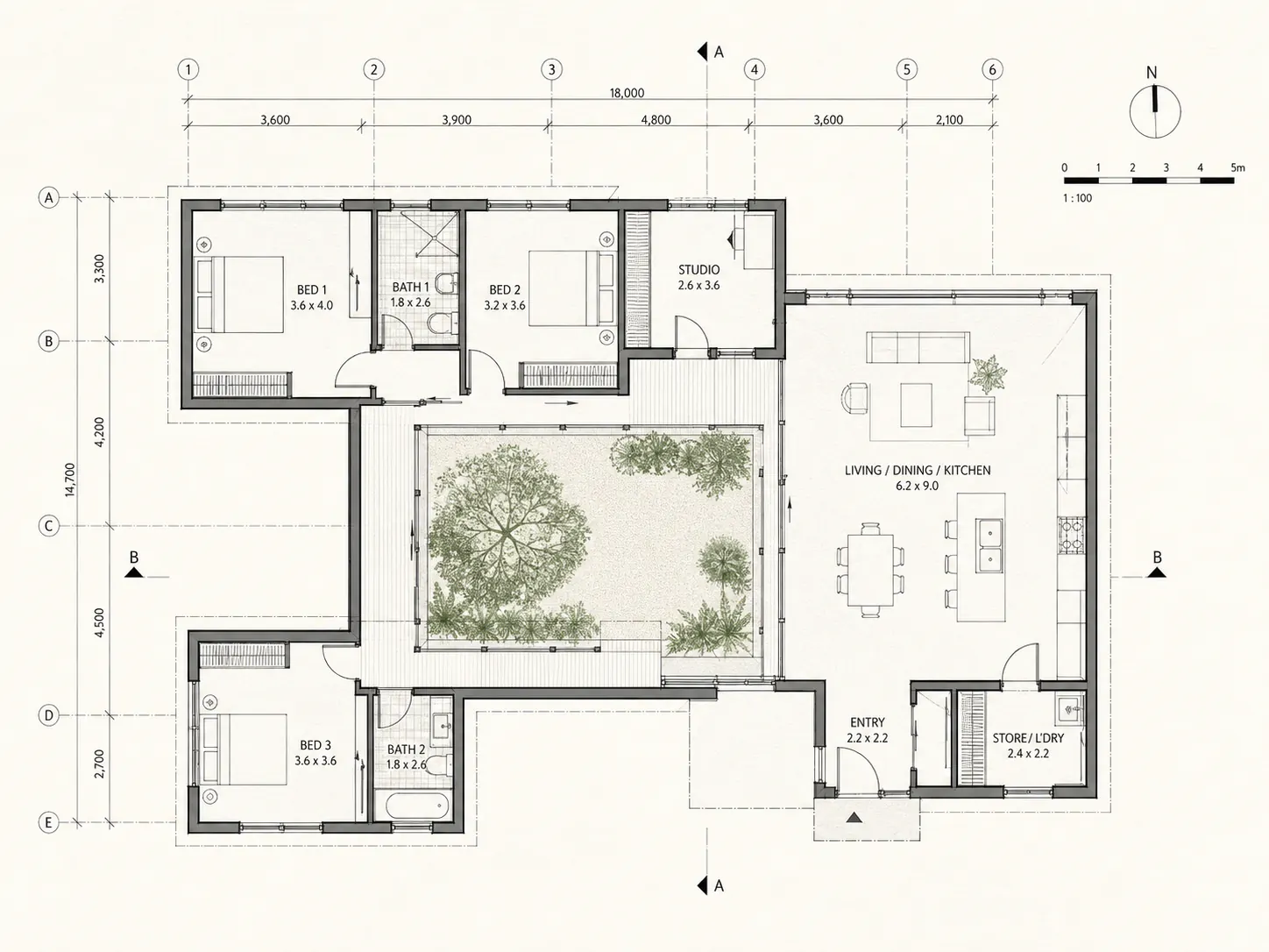 Premium technical floor plan for a modern single-storey house with dimensions and room labels