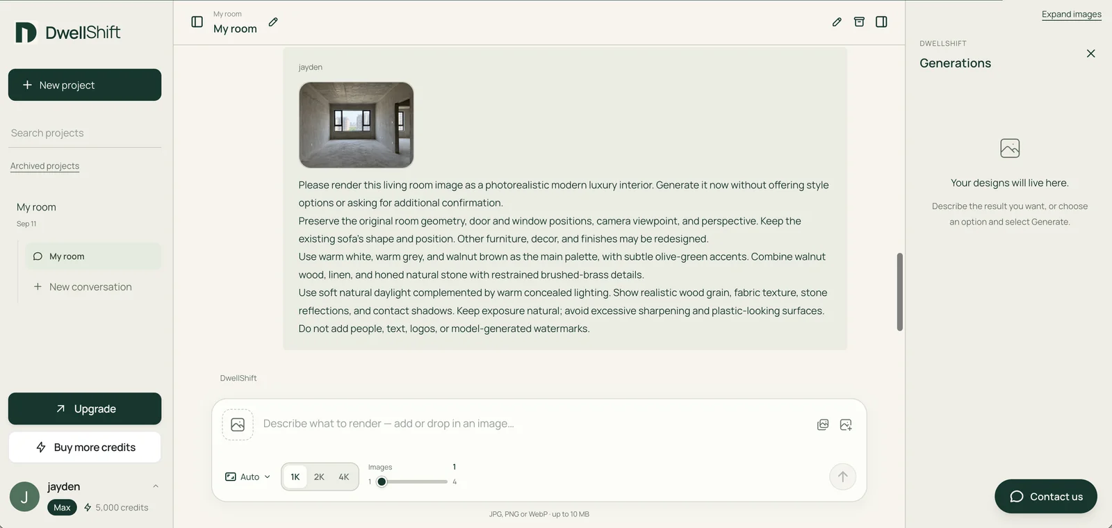 A room photo and a design request in a DwellShift conversation