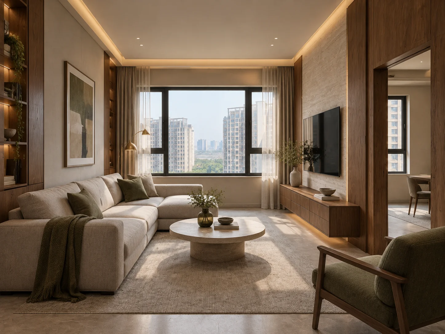 Generated living room with walnut cabinetry, a cream sofa, and warm natural light