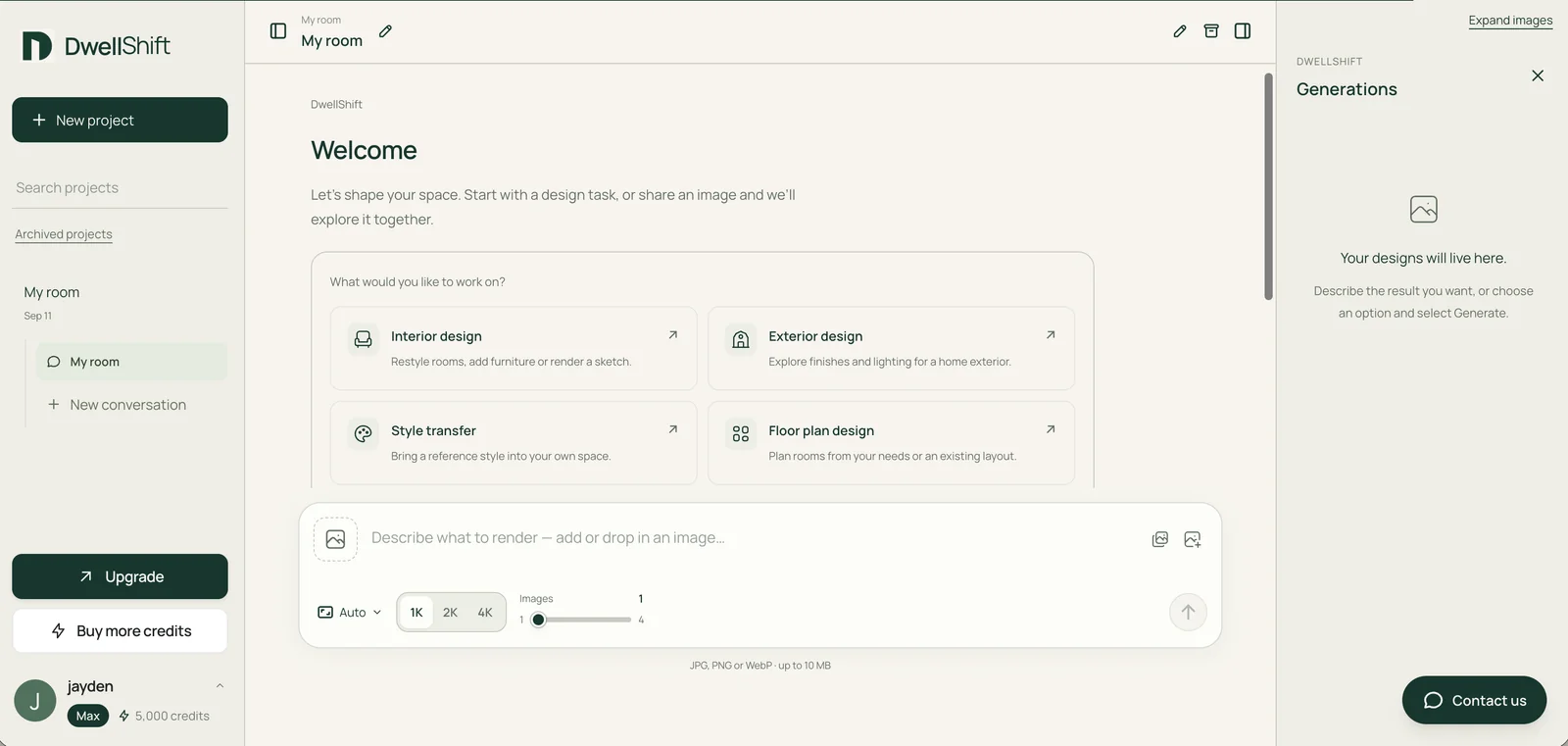 DwellShift workspace with design tools and an image upload composer