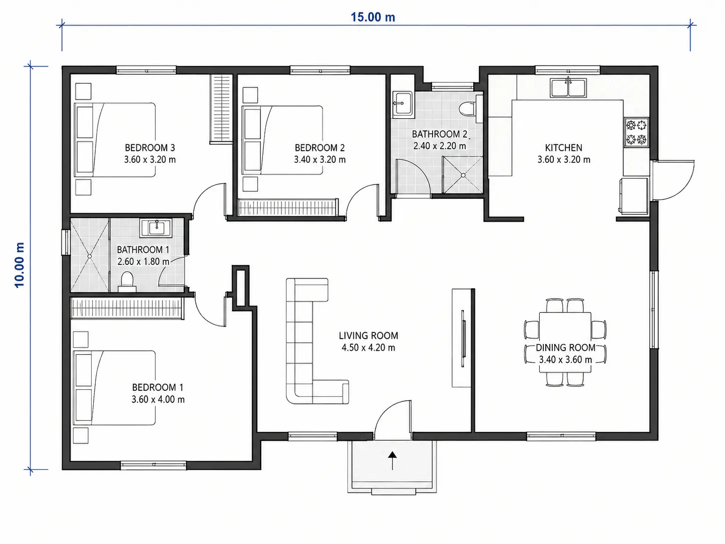 150 m² Three-Bedroom House — Technical floor plan example